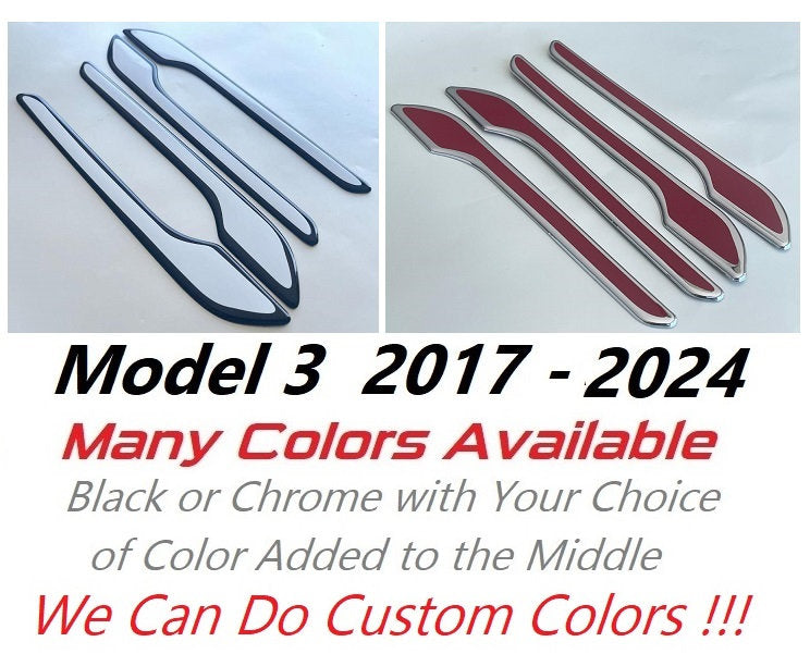 Full Set of Custom Black OR Chrome Door Handle Overlays / Covers For 2017 - 2024 Tesla Model 3 - You Choose The Color of the Middle Insert