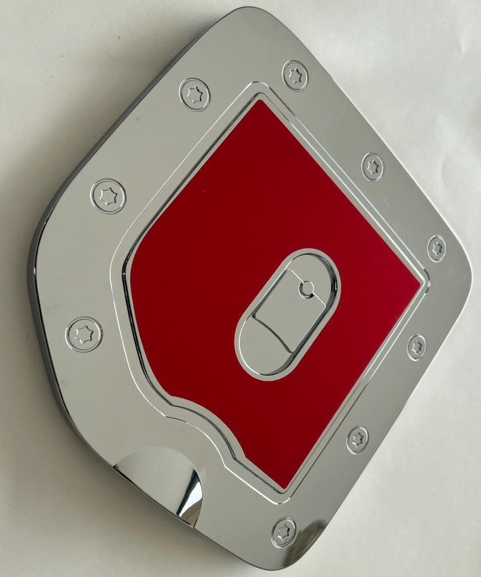 Custom Black OR Chrome Gas Door Overlays / Covers For the 2005 - 2021 Nissan Frontier -- YOU Choose Middle Insert -- * Long Bed Version *