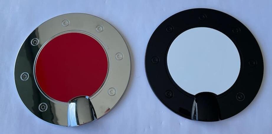 Custom Black OR Chrome Gas Door Overlays / Covers For the 2015 - 2019 GMC Sierra -- You Choose Middle Color Insert -- 8 Foot Bed Version