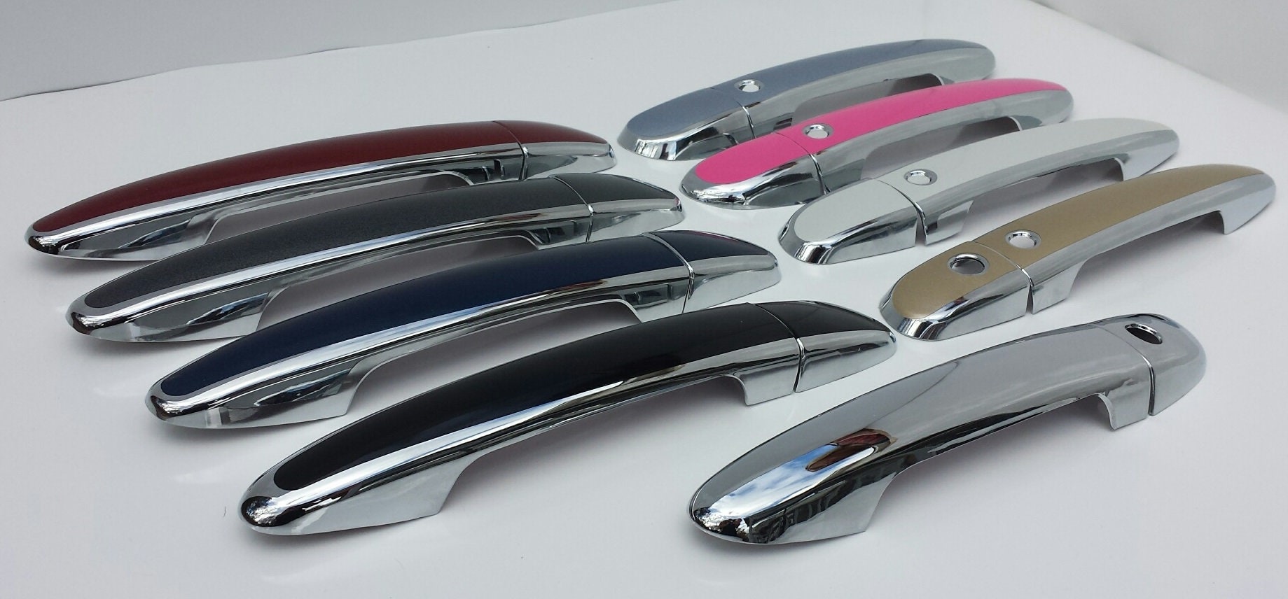 Full Set of Custom Black OR Chrome Door Handle Overlays / Covers For 2011 - 2014 Mazda 2  -- You Choose the Color of the Middle Insert