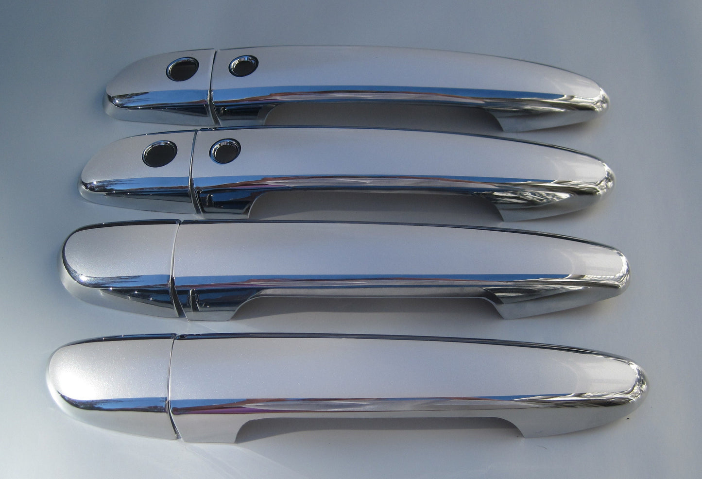 Full Set of Custom Black OR Chrome Door Handle Overlays / Covers For 2011 - 2014 Mazda 2  -- You Choose the Color of the Middle Insert
