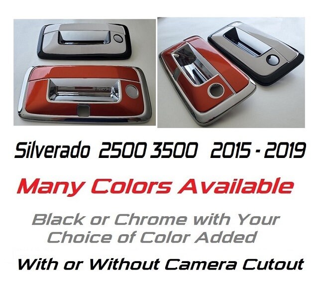 Custom Black OR Chrome Tailgate Handle Cover For the 2015 - 2019 Chevy Silverado 2500 3500  -- You Choose the Middle Color Insert