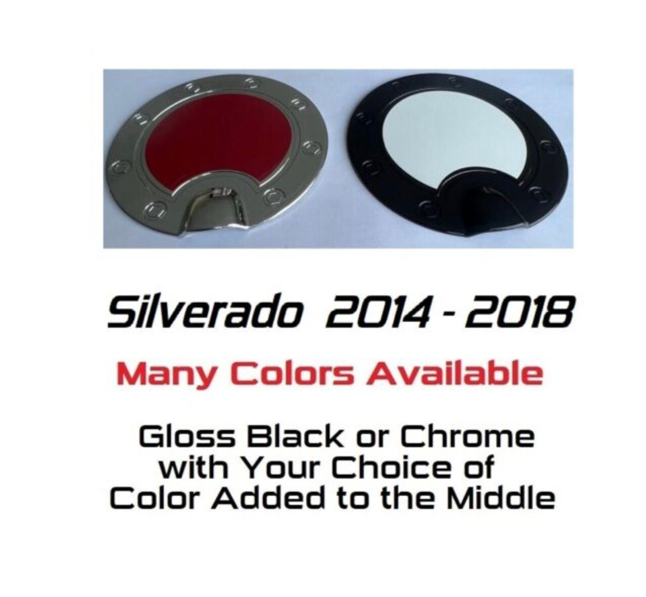 Custom Black OR Chrome Gas Door Cover For the 2014 - 2018 Chevy Silverado -- You Choose the Middle Color Insert -- * 5'7" & 6'6" BED *