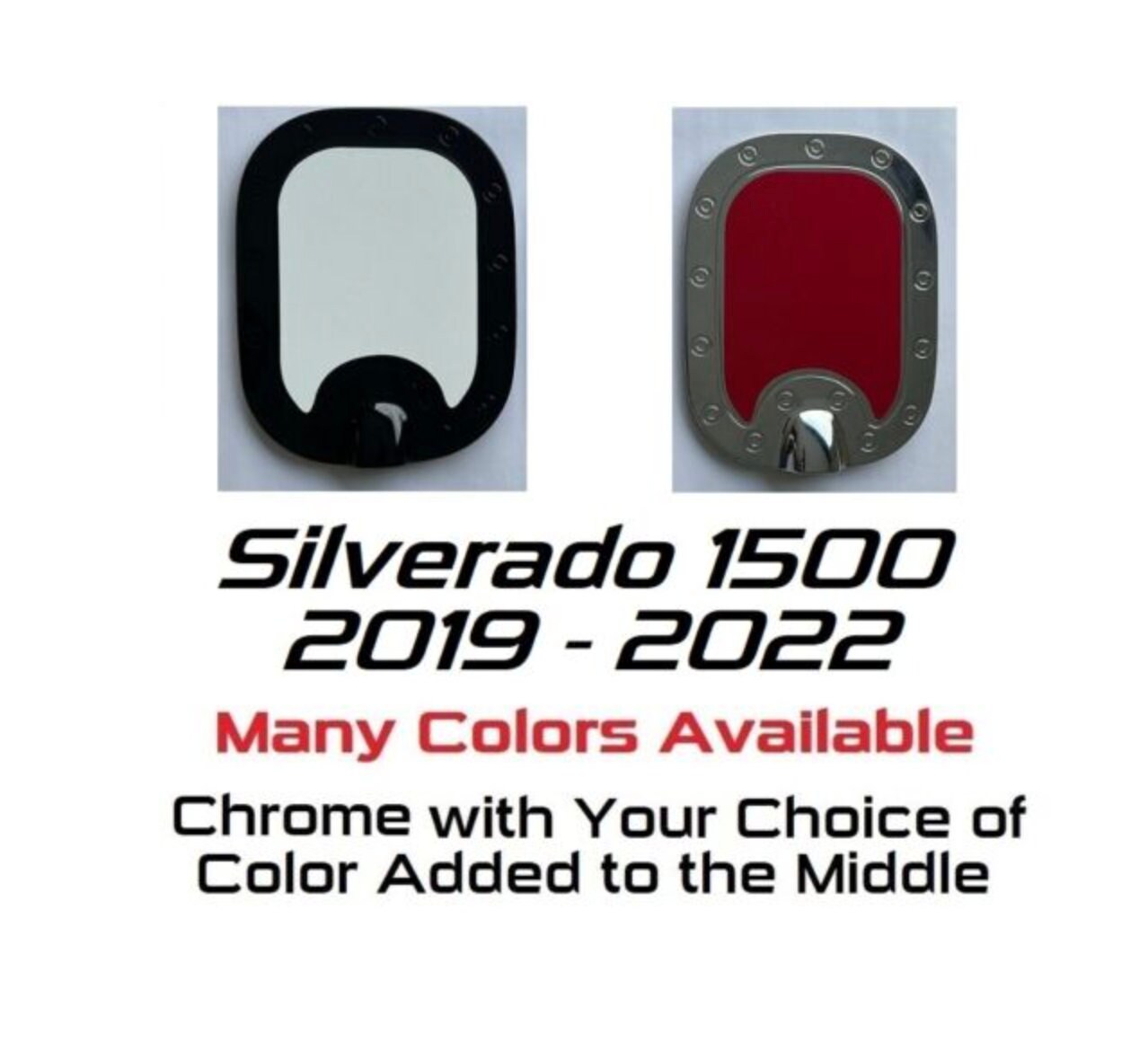 Custom Black OR Chrome Gas Door Cover For the 2019 - 2022 Chevy Silverado 1500 -- You Choose the Middle Color Insert *6'7"- 7'9" BED*