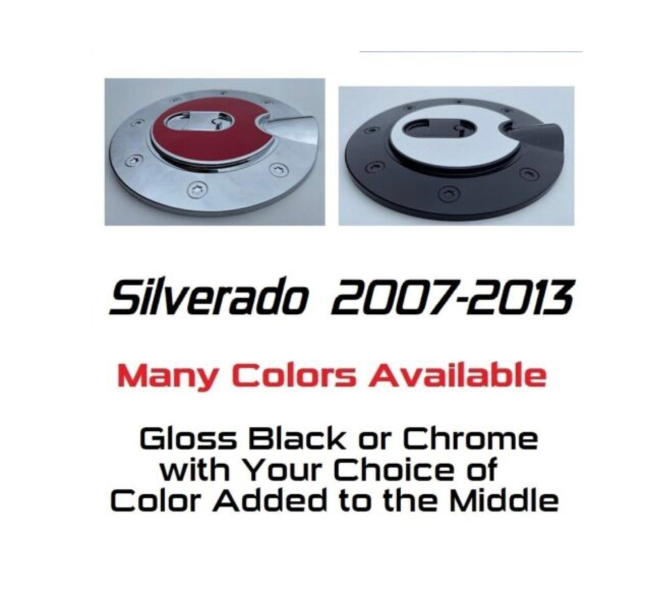 Custom Black OR Chrome Gas Door Cover For the 2007 - 2013 Chevy Silverado -- You Choose the Middle Color Insert