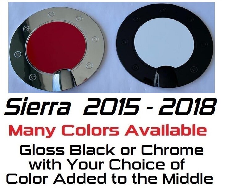 Custom Black OR Chrome Gas Door Overlays / Covers For the 2015 - 2019 GMC Sierra -- You Choose Middle Color Insert -- 8 Foot Bed Version