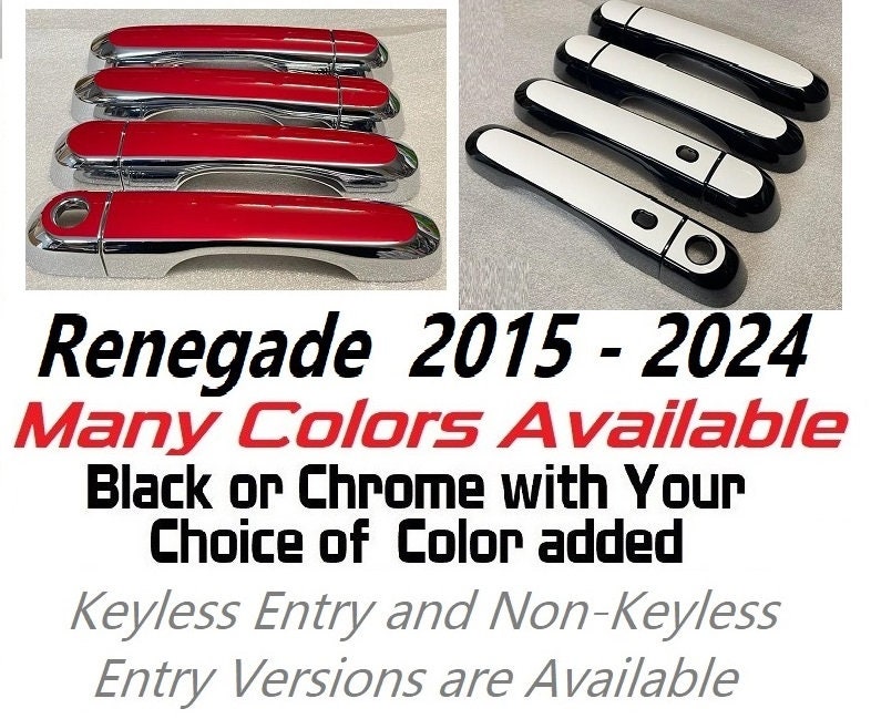 Full Set Custom Black OR Chrome Door Handle Overlays / Covers For the 2015 - 2024 Jeep Renegade - You Choose the Middle Color Insert